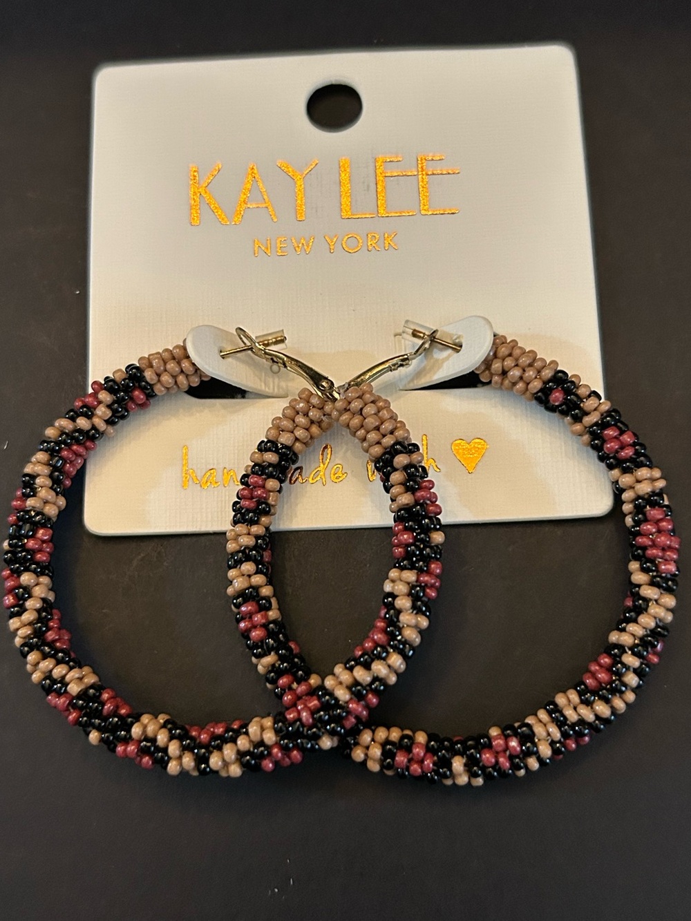 Kay Lee New York Hand Beaded Hoop Leopard 🐆 Print Earrings in Black/Tan/Brown